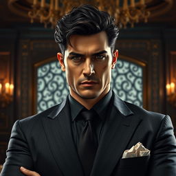 A powerful portrayal of Antonio Corenza, the Don of the Corenza Family, standing confidently in an opulent setting
