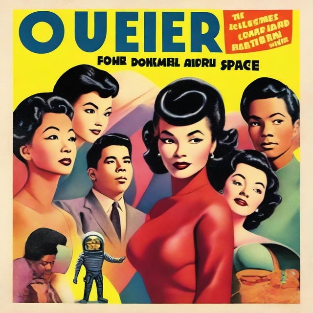 An image representing a 1950's science fiction film poster titled 'Queer Comrades From Outer Space!'