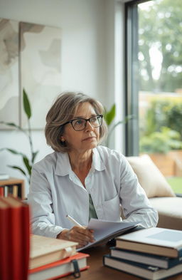 A close-up shot of a thoughtful psychiatrist in a modern office setting, surrounded by psychological books and a comfortable therapy couch