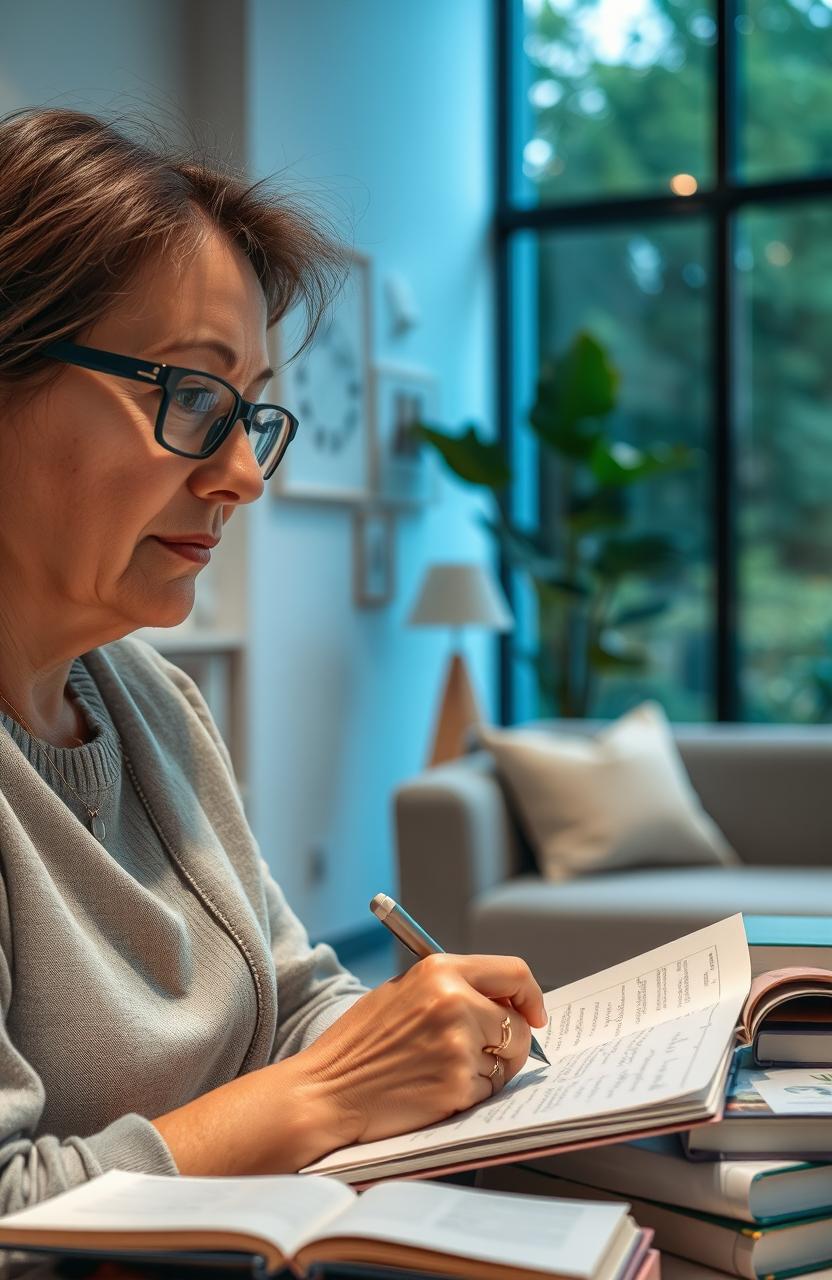 A close-up shot of a thoughtful psychiatrist in a modern office setting, surrounded by psychological books and a comfortable therapy couch