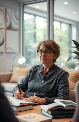 A close-up shot of a thoughtful psychiatrist in a modern office setting, surrounded by psychological books and a comfortable therapy couch