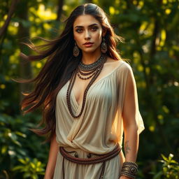 A beautiful ancient woman with long flowing hair, adorned in intricate, ancient tribal jewelry