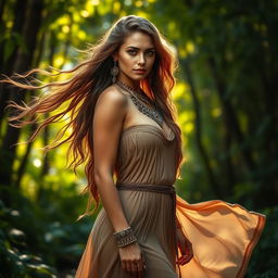 A beautiful ancient woman with long flowing hair, adorned in intricate, ancient tribal jewelry
