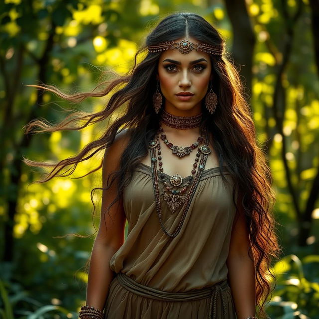 A beautiful ancient woman with long flowing hair, adorned in intricate, ancient tribal jewelry