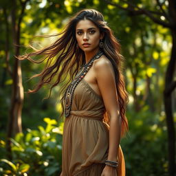 A beautiful ancient woman with long flowing hair, adorned in intricate, ancient tribal jewelry