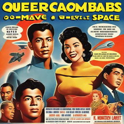 An image representing a 1950's science fiction film poster titled 'Queer Comrades From Outer Space!'