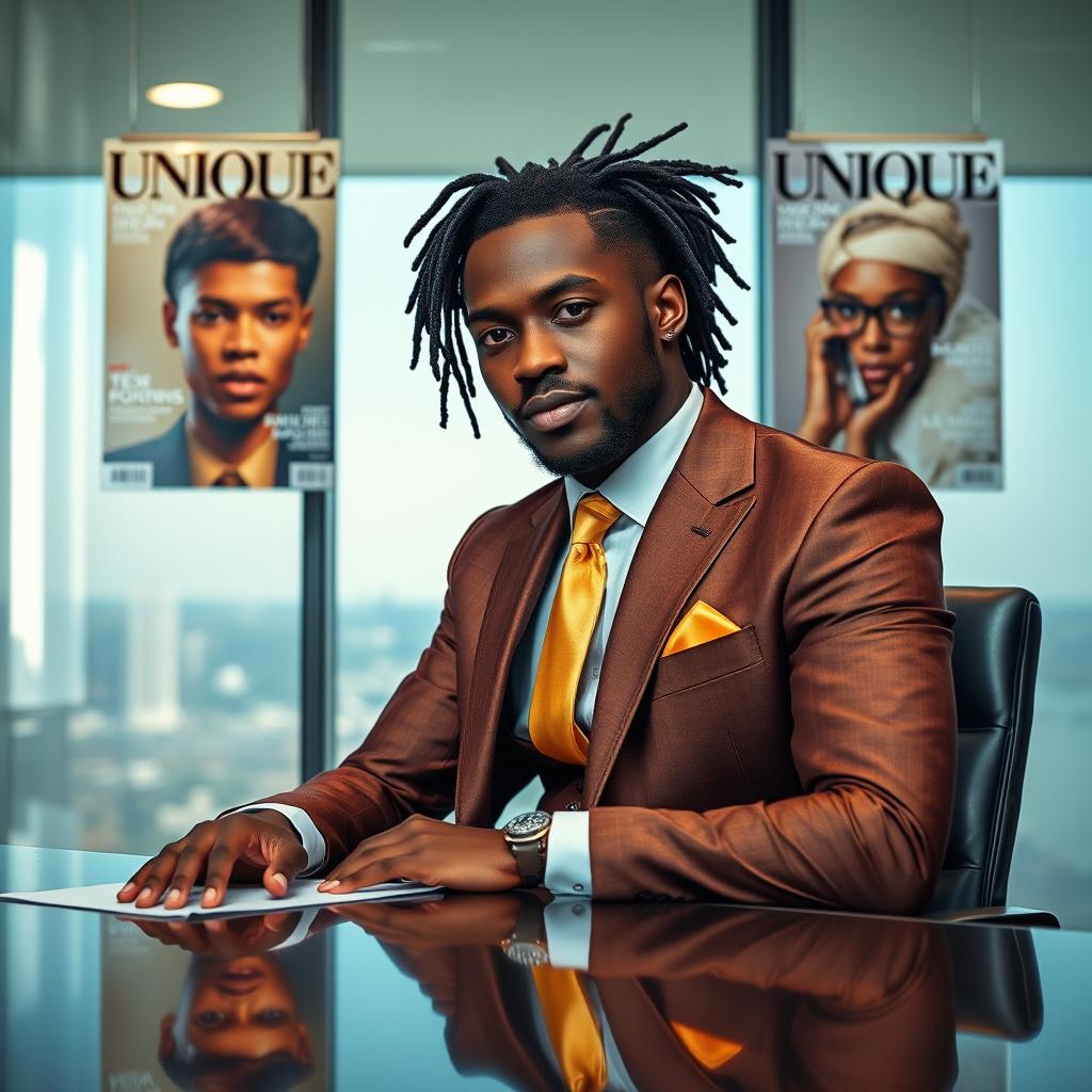 A handsome black man with dreadlocks pulled back, dressed elegantly in a brown and gold suit accented with a gold straight tie, sitting confidently at a sleek executive desk