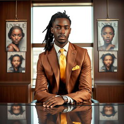 A handsome black man with dreadlocks pulled back, dressed elegantly in a brown and gold suit accented with a gold straight tie, sitting confidently at a sleek executive desk