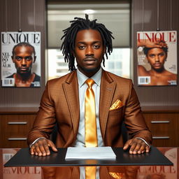 A handsome black man with dreadlocks pulled back, dressed elegantly in a brown and gold suit accented with a gold straight tie, sitting confidently at a sleek executive desk