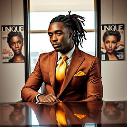 A handsome black man with dreadlocks pulled back, dressed elegantly in a brown and gold suit accented with a gold straight tie, sitting confidently at a sleek executive desk