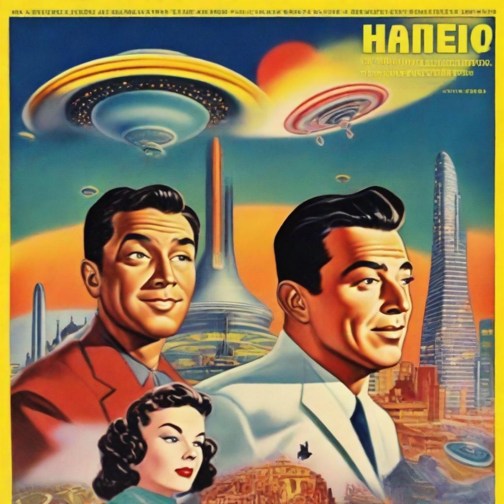 A high-quality digital art piece depicting a 1950's science fiction film poster