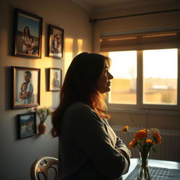 A poignant and emotional scene depicting a stepmother looking out of a window, her face filled with tears as she reminisces about her beloved son
