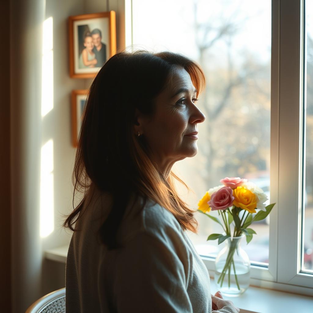 A poignant and emotional scene depicting a stepmother looking out of a window, her face filled with tears as she reminisces about her beloved son