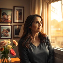A poignant and emotional scene depicting a stepmother looking out of a window, her face filled with tears as she reminisces about her beloved son