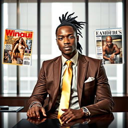 A handsome black man with dreadlocks pulled back, dressed in an elegant brown and gold suit paired with a gold straight tie, sitting confidently at an executive desk