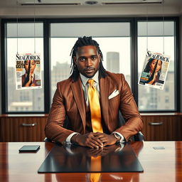 A handsome black man with dreadlocks pulled back, dressed in an elegant brown and gold suit paired with a gold straight tie, sitting confidently at an executive desk