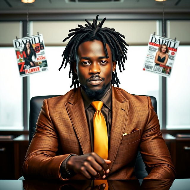 A handsome black man with dreadlocks pulled back, dressed in an elegant brown and gold suit paired with a gold straight tie, sitting confidently at an executive desk