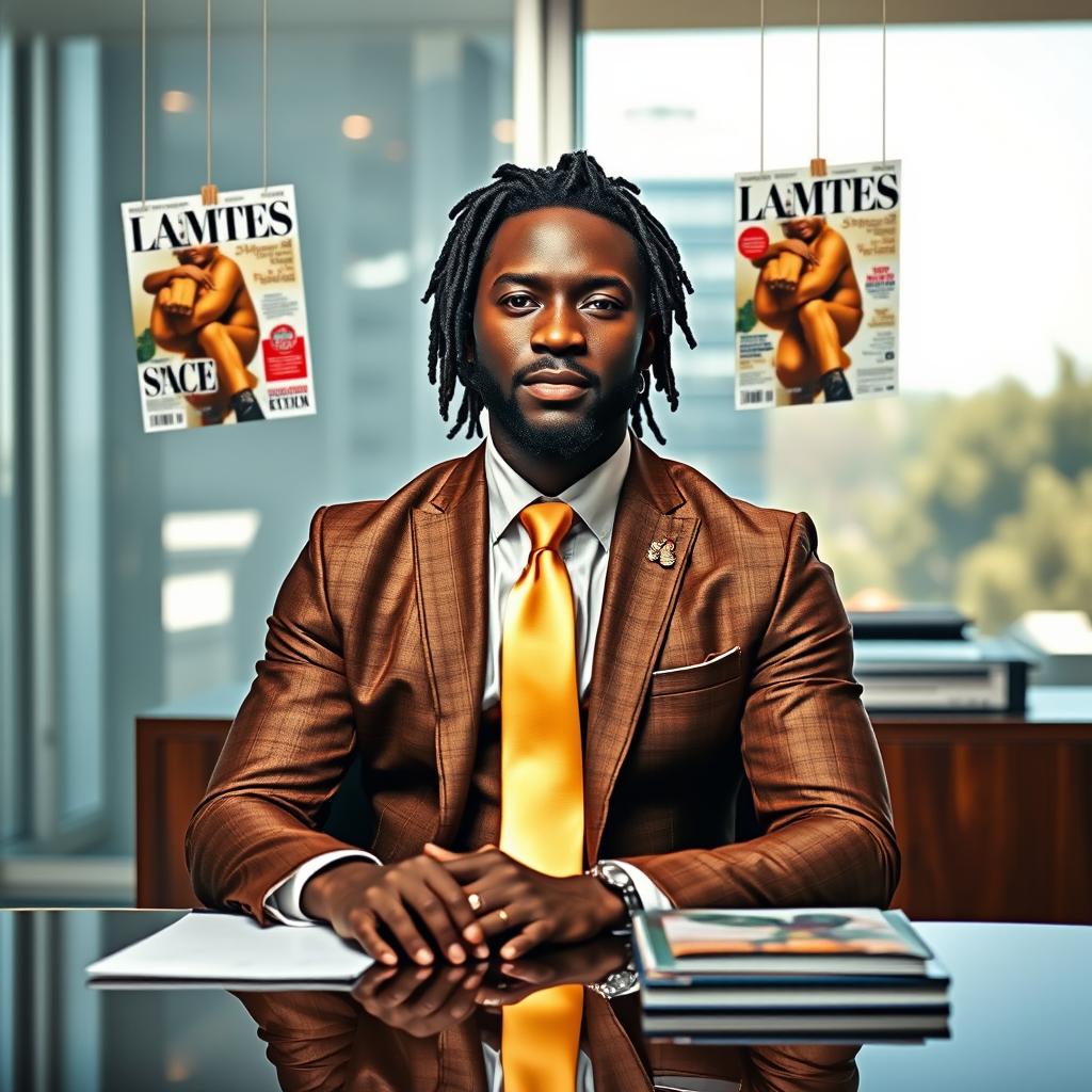 A handsome black man with dreadlocks pulled back, dressed in an elegant brown and gold suit paired with a gold straight tie, sitting confidently at an executive desk