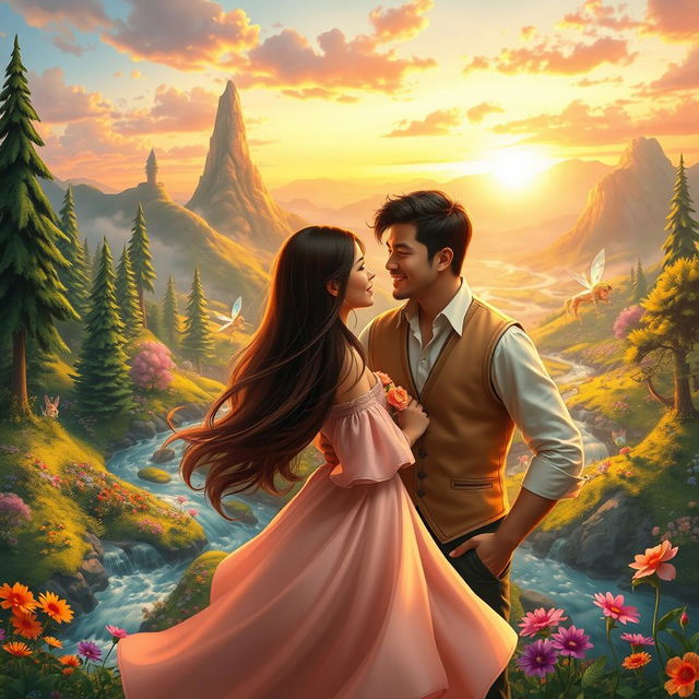 A romantic fantasy scene depicting a breathtaking landscape that reflects the enchanting world of "Sa Ating Mundo"