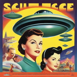 A high-quality digital art piece depicting a 1950's science fiction film poster