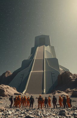 A surreal landscape featuring gigantic long stairs leading to an enormous building that is a kilometer wide and tall, under a captivating starry sky