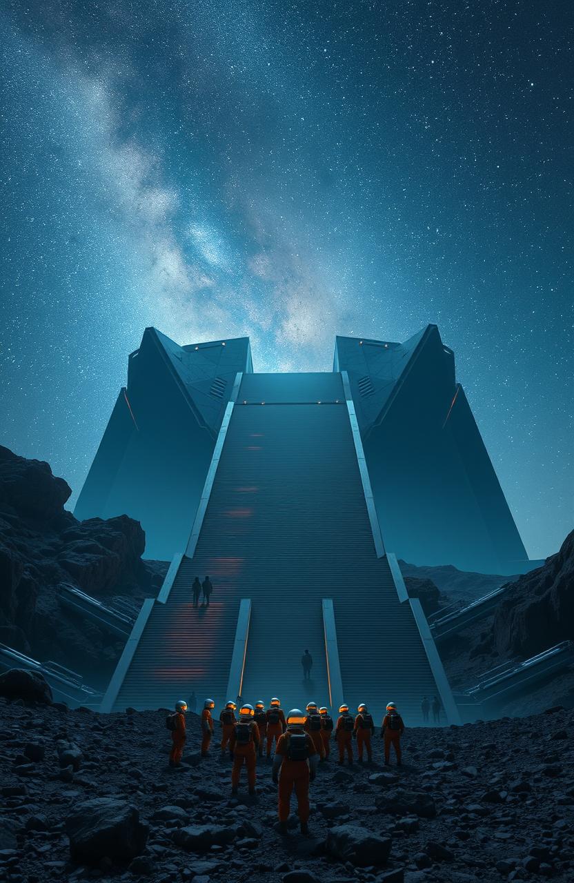 A surreal landscape featuring gigantic long stairs leading to an enormous building that is a kilometer wide and tall, under a captivating starry sky