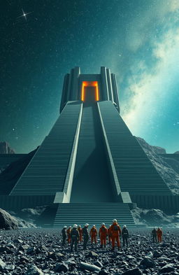 A surreal landscape featuring gigantic long stairs leading to an enormous building that is a kilometer wide and tall, under a captivating starry sky