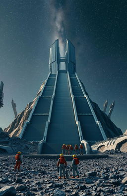 A surreal landscape featuring gigantic long stairs leading to an enormous building that is a kilometer wide and tall, under a captivating starry sky
