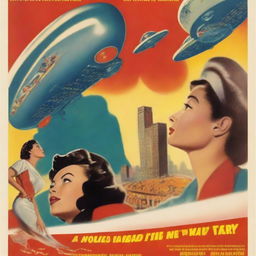 A high-quality digital art piece depicting a 1950's science fiction film poster