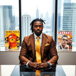 A handsome Black man with dreadlocks pulled back, dressed in a stylish brown and gold suit featuring a gold straight tie