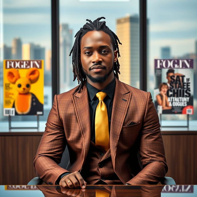 A handsome Black man with dreadlocks pulled back, dressed in a stylish brown and gold suit featuring a gold straight tie