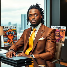 A handsome Black man with dreadlocks pulled back, dressed in a stylish brown and gold suit featuring a gold straight tie