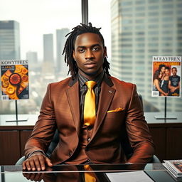 A handsome Black man with dreadlocks pulled back, dressed in a stylish brown and gold suit featuring a gold straight tie