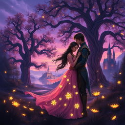 A richly detailed fantasy landscape featuring a mystical, enchanted forest under a twilight sky