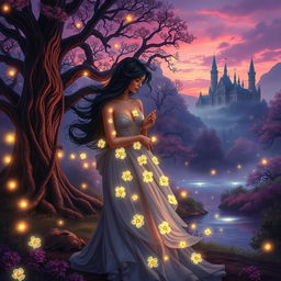 A richly detailed fantasy landscape featuring a mystical, enchanted forest under a twilight sky