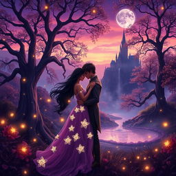 A richly detailed fantasy landscape featuring a mystical, enchanted forest under a twilight sky