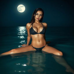 A stunning Thai woman at night, exuding allure, lying sensually in the calm sea