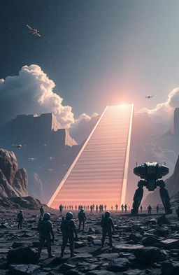 A vast scene featuring gigantic, long stairs ascending toward an enormous building that is ten kilometers wide and five kilometers tall, inspired by the style of Momir Iseni