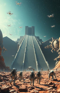 A vast scene featuring gigantic, long stairs ascending toward an enormous building that is ten kilometers wide and five kilometers tall, inspired by the style of Momir Iseni