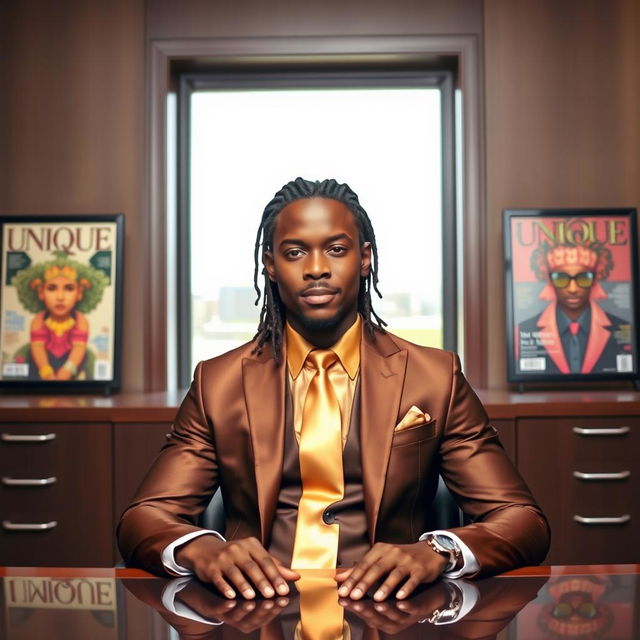 A handsome black man with dreadlocks pulled back, dressed in an elegant brown and gold suit with a shiny gold straight tie