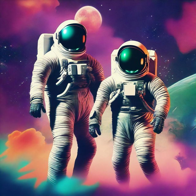 A high-quality digital art piece, reminiscent of 1950's science fiction film posters, featuring two gay men in astronaut suits