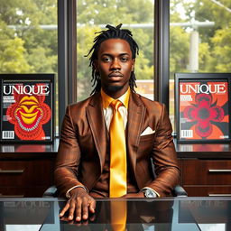 A handsome black man with dreadlocks pulled back, dressed in an elegant brown and gold suit with a shiny gold straight tie