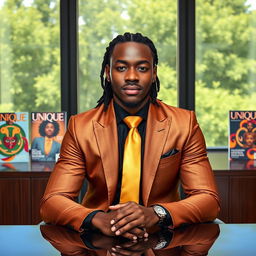 A handsome black man with dreadlocks pulled back, dressed in an elegant brown and gold suit with a shiny gold straight tie