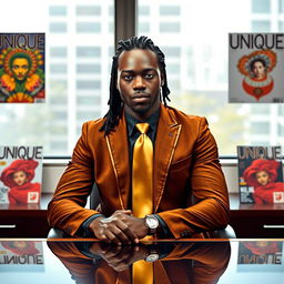 A handsome black man with dreadlocks pulled back, dressed in an elegant brown and gold suit with a shiny gold straight tie