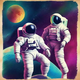 A high-quality digital art piece, reminiscent of 1950's science fiction film posters, featuring two gay men in astronaut suits