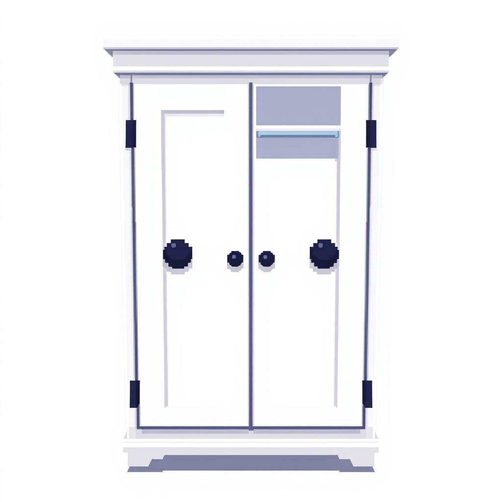 A 2D pixel art illustration showcasing a top-down view of a small white wardrobe designed for clothes