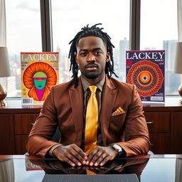 A handsome black man with dreadlocks pulled back is seated confidently at an executive desk