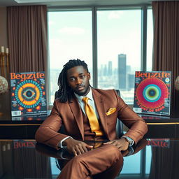 A handsome black man with dreadlocks pulled back is seated confidently at an executive desk