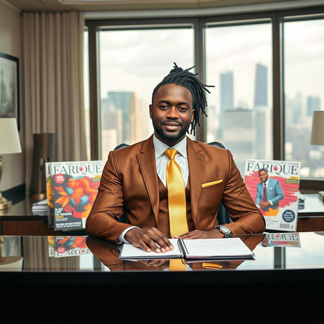 A handsome black man with dreadlocks pulled back is seated confidently at an executive desk