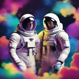 A high-quality digital art piece, reminiscent of 1950's science fiction film posters, featuring two gay men in astronaut suits